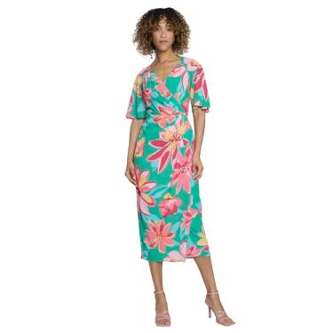 Imagem de Maggy London Vestido feminino floral midi verão com corpete falso e decote em V, vestido de convidada de casamento, Verde/coral, 40