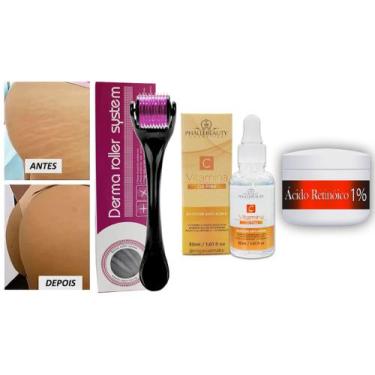 Imagem de Kit Microagulhamento p/ Estrias: Dermaroller + Sérum Vitamina C + Reti
