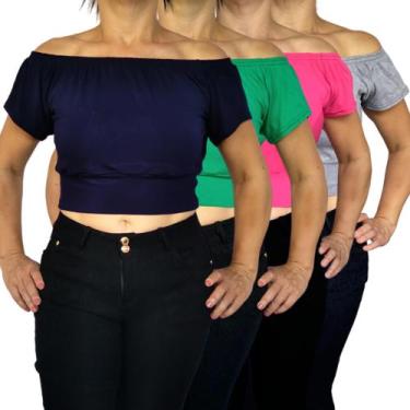 Imagem de Kit 4 Tops Ciganinha Ombro a Ombro Elástico Barra Lisos Cores Sortidas