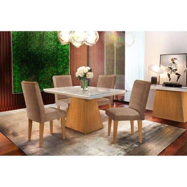 Imagem de Conjunto: Mesa de Cozinha Luna Tampo Madeirado c/ Vidro Canto Reto 120x80cm e 4 Cadeira...