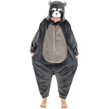 Imagem de OLAOLA Macacão infantil de animal, unissex, pijama de cosplay de pelúcia para meninas e meninos, roupa de dormir de uma peça fantasia de Halloween, Guaxinim, 4-6 Anos