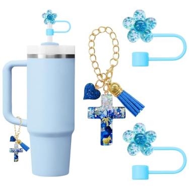 Imagem de 2 peças de tampa de palha para acessórios de copo Stanley 1,134 g com 1 pingente de cruz para Stanley Cup Topper Capas de ponta de palha de silicone (amor azul)