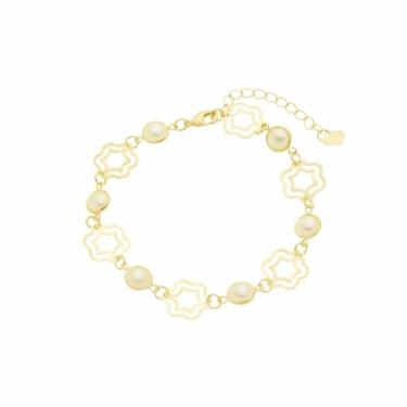 Imagem de Pulseira Delicada Perolas entre Flores Semi Joia Banhado Ouro 18k, Ideal para Presentear, Perfeito para todas as ocasiões