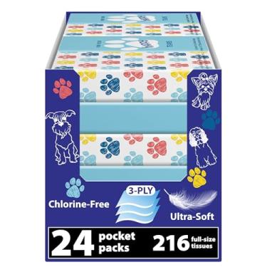 Imagem de Funwares Pacotes de lenços brancos para viagem, sem alvejante, sem cloro, lenços de bolso compactos para carro, bolsa, escola, trabalho, pacotes de lenços de bolso, design de pata de cachorro, 24