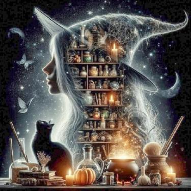 Imagem de cdjlddww Kits de pintura de diamante de bruxa retrô para adultos, kits de arte de diamante de bruxa de Halloween para adultos, faça você mesmo, pinturas de pontos de diamante, arte artística para