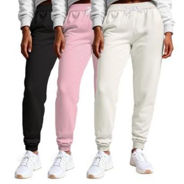 Imagem de Calça Feminina Moletom Flanelada Slim Bolsos Algodão Kit 3-Feminino