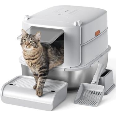 Imagem de Furkid Caixa de areia para gatos de aço inoxidável com tampa, caixa de areia extragrande GG para gatos grandes, caixa de areia de gatinho de metal fechada com caixa e colher de lado alto