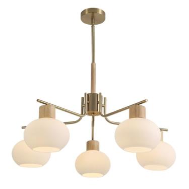 Imagem de Flyrose Lustre Moderno De 5 Lâmpadas, Grande Globo, Latão, Dourado, Vidro Branco, Lustre Sputnik Contemporâneo De Meados Do Século, Luminária Pendente, Sala De Jantar, Lustres Sobre A Mesa