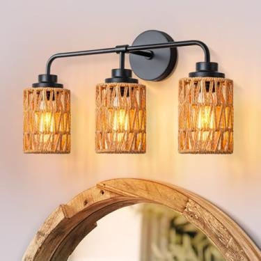 Imagem de FIYUEOYI Luminárias De Banheiro De 3 Luzes, Luzes De Vaidade Sobre O Espelho, Arandela De Parede Rústica De Vime Com Luminária De Parede Boho Tecida À Mão, Iluminação De Vaidade De Estilo Natural Pa