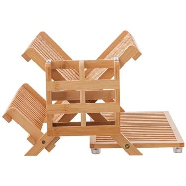 Imagem de HBlife Escorredor de pratos de bambu com suporte de utensílios, escorredor de pratos de madeira grande dobrável de 3 níveis, escorredor de pratos dobrável para balcão de cozinha