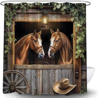 Imagem de Farmhouse Cortina de Chuveiro Cavalo Ocidental Vintage Porta de Celeiro Cowboy Folhas Verdes Velhas Rodas de Madeira Rústica Selvagem Aminal Botânica Decoração de Casa de Banho Conjunto com Ganchos