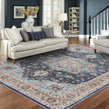 Imagem de Tapete de área oriental lavável - 20 x 25 cm para sala de estar, tapete macio para quarto, impermeável, floral, envelhecido, resistente a manchas, resistente a manchas (azul/azul-petróleo/laranja, 20