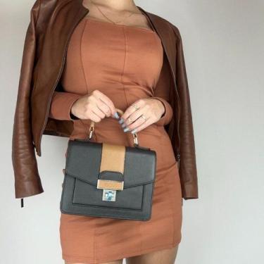 Imagem de Bolsa recuo em couro legítimo b.981, Onix preto camel