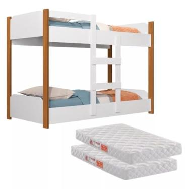 Imagem de Beliche Infantil 2 em 1 Transforma- se em Minicama 100% MDF com Grades de Proteção e Escada Segurança e Conforto para crianças Acompanha 2 Colchões de 1,50m para mais Praticidade (Branco/Nature)