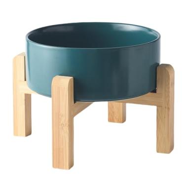 Imagem de Welloyed Tigela elevada de cerâmica para cães de 20 cm – Tigela de comida e água para cães de 1,984 g com suporte de bambu antiderrapante elevado, seguro para lava-louças e micro-ondas, tigela