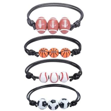 Imagem de QLUYCKW 4 pulseiras esportivas trançadas para mulheres e homens, bola com tema esportivo, personalizada, basquete, rúgbi, vôlei, futebol, contas de amizade para o time, joias charmosas, Medium, Corda