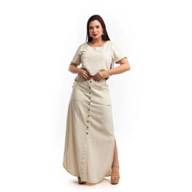 Imagem de Conjunto feminino kit saia longa de linho e cropped liso de mangas - R