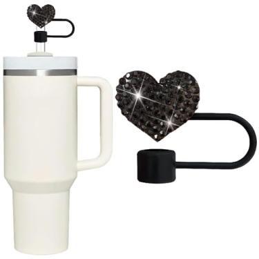 Imagem de Capa de palha Bling Hearts para Stanley Cup, strass de diamante brilhante, topos de silicone de 10 mm, topo de palha compatível com Stanley copo de 30 e 1,134 g com alça, canudos reutilizáveis (preto)