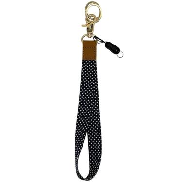 Imagem de Chaveiro Longo Bolinhas Brancas Tuli com Mosquetão e Argola Dourados