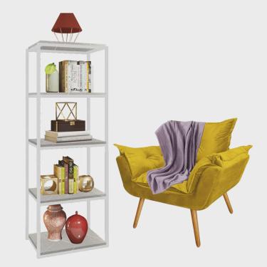Imagem de Kit Poltrona Fatte com Manta Soft Lilás e Estante Livreiro Ferro Branco mdf Marmorizado Cinza Suede Amarelo - Ahazzo Móveis
