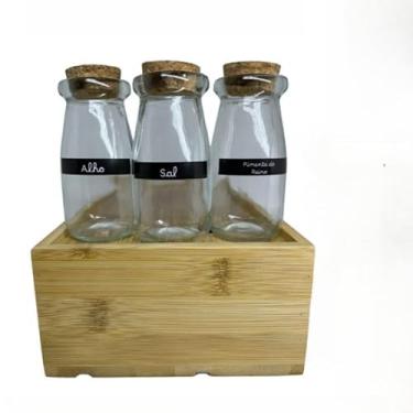 Imagem de Kit Potes para Temperos em Vidro com tampa estilo Rolha + Cartela com Etiquetas(3 Potes + Cartela)