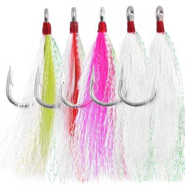 Imagem de Bucktail Teaser anzóis de pesca, 5 peças de plataforma de linguado de água salgada de aço inoxidável anzóis Bucktail Mylar Flash Teasers inseridos para Striper Catfish Bacalhau Linguado Hi/Lo Rig (5