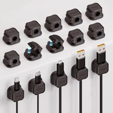Imagem de Pacote com 15 prendedores magnéticos para cabos, organizador de cabos, gerenciamento de cabos Picozon adesivos, carregador USB para celular, organizador para mesa de escritório e casa - preto