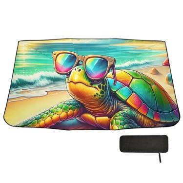 Imagem de Guarda-sol de para-brisa de carro guarda-sol, a tartaruga usando óculos de sol está de férias na praia, viseira refletiva, dobrável, protege o interior e mantém fresco, adequado para a maioria dos