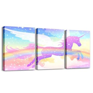 Imagem de Feelyou Arte de parede de unicórnio para quarto de banho pintura de parede de unicórnio voador para meninos meninas glitter desenho animado unicórnio imagem decoração de parede bonito animal tela arte