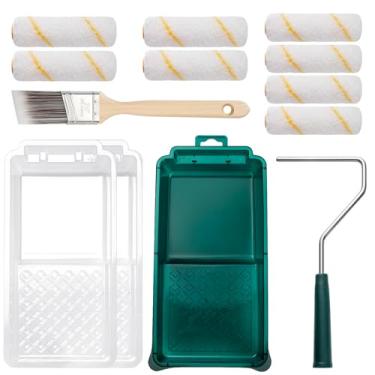 Imagem de YiBaiBrush Kit de rolo de tinta, conjunto de 13 peças, capas de rolo de microfibra pequenas de 10 cm, bandeja de tinta com forros, pincel de pintura para paredes, mini rolo para pintura, suprimentos