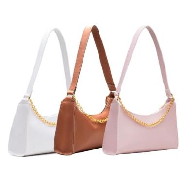Imagem de Kit 3 Bolsas Femininas Baguetes Correntes Lisas de Ombro e Mão Pequenas (Branco/Caramelo/Rose)