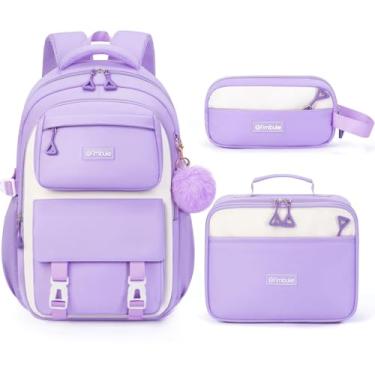 Imagem de Fimibuke Mochilas Para Meninas, 3 Peças De Escolares Impermeáveis Com Lancheira, Conjunto Estojos Lápis, Fofas Crianças E Adolescentes, Ensino Fundamental, Médio Superior, A Partir 6 Anos (Roxa)
