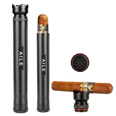 Imagem de AILE Tubo De Alumínio Portátil Para Charutos, Estojo Viagem, Umidificador Embutido, Suporte, Madeira Cedro, Melhor Acessório Amantes (Preto)