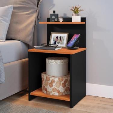Imagem de Mesa de Cabeceira Fantasy Quarto Lateral c/Nicho Decorativo com Prateleira Suspensa para Cama - Loja Inova BR (Preto/Cinam.)