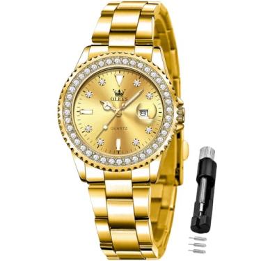 Imagem de OLEVS Relógio feminino analógico de quartzo com vestido de diamante, aço inoxidável, dois tons, à prova d'água, luminoso, data, para presente, relógio todo dourado, relógio feminino