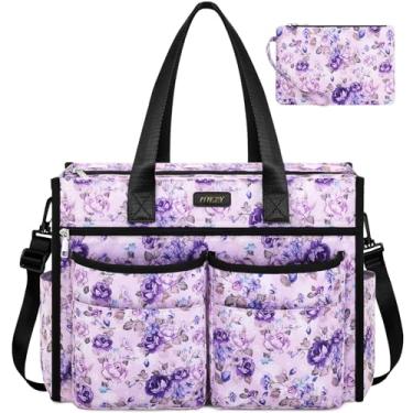 Imagem de ITIEZY Sacola utilitária, bolsa grande com bolso 15/18, bolsa de professor com fecho de zíper com compartimento para mulheres, trabalho, faculdade, A2 - flor - 18 bolsos, Large