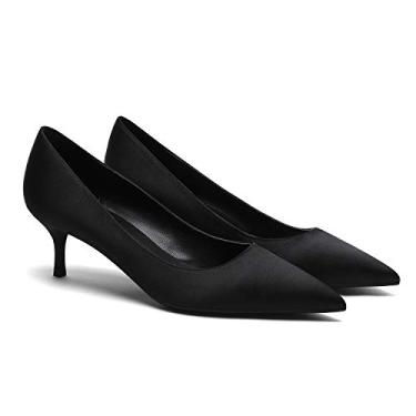 Imagem de MOOMMO Salto gatinho escarpim bico fino cetim slip on 5 polegadas salto médio sapato social clássico trabalho feminino escritório festa de casamento 38-43 M EUA, Preto acetinado, 10