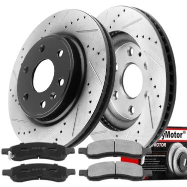 Imagem de MotorbyMotor 325mm Front Brake Kit Rotors and Brake Pads Fits for Buick Enclave, Chevy Traverse, GMC Acadia (Limited), Saturn Outlook Drilled & Slotted Disc Brake Rotor & Ceramic Pad 55150, 120.66069