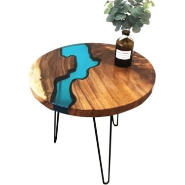 Imagem de Mesa De Centro De Madeira Maciça Nórdica Simples Resina Criativa Rio Pequena Mesa Redonda Varanda Sala De Estar Lateral Pequena Mesa De Chá, 60X60X50CM