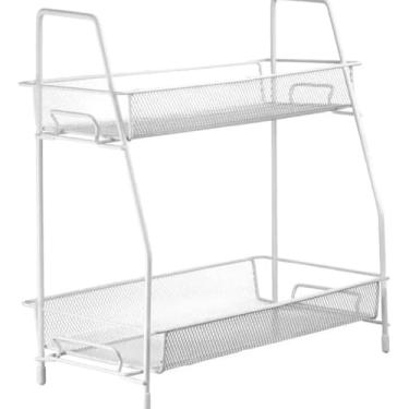 Imagem de Organizador de Mesa Multiuso 2 Andares Prateleira Escritório Cozinha Quarto Banheiro Make Maquiagem Aramado Ferro Cosméticos Perfume Fácil de limpar Resistente Decorativo Elegante Moderno (Branca)