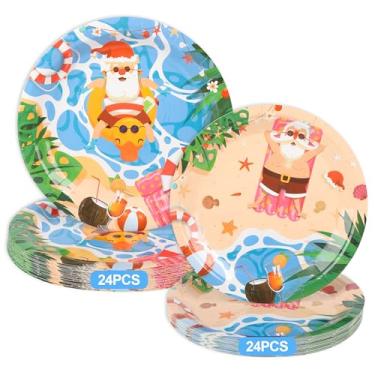 Imagem de Kpbel Pratos de Natal em julho, pratos de jantar de 23 cm, pratos de sobremesa de 18 cm, pratos descartáveis de 50 peças para festa de verão, festa de Natal havaiana, piqueniques na praia