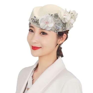 Imagem de Chapéu de turbante de feltro vintage para mulheres, igreja, Derby, Fascinator, com flores, bonés macios para festas e aeromoças, Bege branco, tamanho �nico