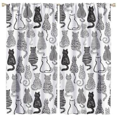 Imagem de Cortinas Boho Gato, Modernas Minimalistas Pretas e Brancas, Abstratas, Desenhadas à Mão Desenhadas à Mão, Padrão de Gatinho Sem Costura, Tratamentos de Janela para Sala de Estar, Quarto, Banheiro (53