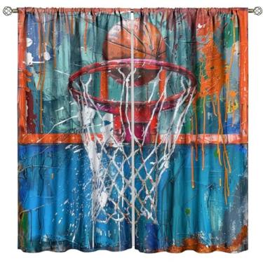 Imagem de Cortina de basquete colorida retrô, cortina blackout abstrata para quarto de cesta de basquete adolescente, cortina blackout para quarto de casa, quarto, 2 painéis 106 cm L x 113 cm C