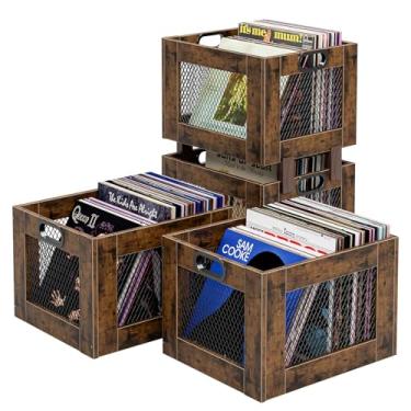 Imagem de TEMI Caixa de armazenamento de discos de vinil – Suporte grande de madeira para mais de 70 álbuns – Organizador de discos de estilo industrial e solução de armazenamento de discos durável para casa ou