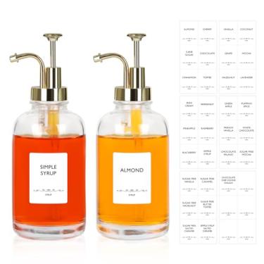 Imagem de Dispensador de xarope de café de 500 ml, pacote com 2, garrafa de vidro de 500 ml com bomba dourada para café bar, inclui 36 adesivos - Garrafas de xarope reutilizáveis