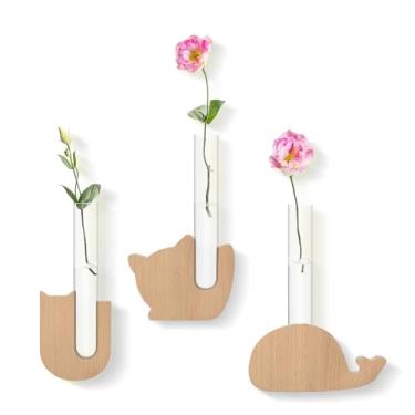 Imagem de Vasos magnéticos de animais fofos – Pacote com 3 vasos de tubo de vidro com base de madeira em forma de gato e baleia – Mini vasos de propagação para decoração de escritório e armário de geladeira