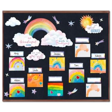 Imagem de Mooliwe Conjunto de 109 peças de decoração de quadro de avisos de exibição de trabalho de estudante em nuvem, nosso trabalho é incrível, papel recortado, arco-íris, estrela, destaque para sala de aula