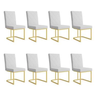 Imagem de Kit 08 Cadeiras de Jantar Estofada Siena Linho Base de Ferro Dourada -
