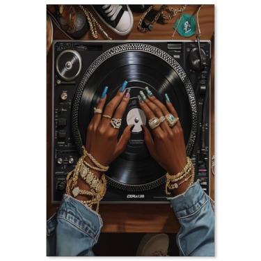 Imagem de Pôster de mulher negra moda música disco de vinil arte de parede moderna menina urbana impressões em tela vintage amante de música para quarto galeria decoração de parede 40,6 x 61 cm sem moldura